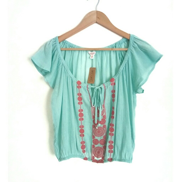 Cape Juby Embroidered Ruffle Cropped Peasant Top - Picture 1 of 8